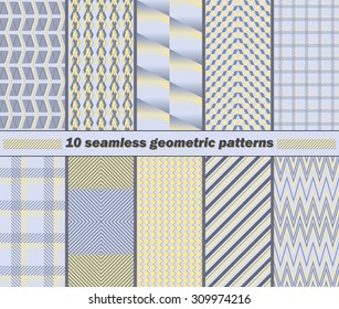 Set of 10 different seamless abstract geometric patterns in yellow, blue, gray colors. Vector illustration for various creative projects