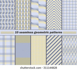 Set of 10 different seamless abstract geometric patterns in yellow, blue, gray colors. Vector illustration for various creative projects