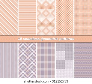 Set of 10 different seamless abstract geometric patterns in orange and lilac colors. Vector illustration for various creative projects