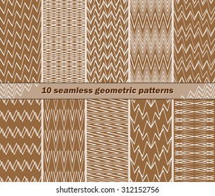 Set of 10 different seamless abstract geometric patterns in brown and white colors. Broken and intersecting lines. Vector illustration for various creative projects