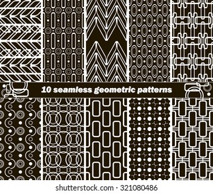 Set of 10 different seamless abstract geometric black and white patterns. Vector illustration for various creative projects