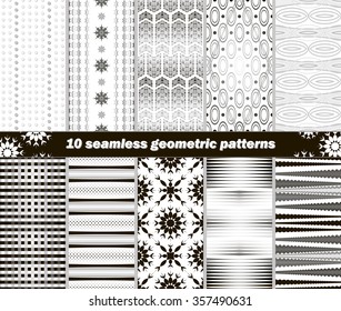 Set of 10 different seamless abstract geometric black and white patterns. Vector illustration for various creative projects