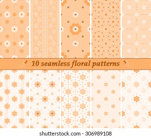 Set of 10 different seamless cute floral patterns in orange colors. Vector illustration for various creative projects