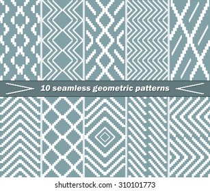 Set of 10 different seamless knitted patterns in blue-grey color. Elegant stepped geometric prints. Vector illustration for various creative projects