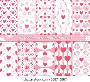 Set of 10 different seamless romantic patterns. Charming love prints with hearts in white, pink and red colors. Cute Valentine ornaments for beautiful creative design. Vector illustration