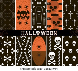 Set of 10 different seamless spooky Halloween patterns, part 1. Web, spiders, skulls, coffins, crosses, bones. Black, white, orange colors. Vector illustration