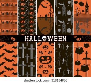 Set of 10 different seamless spooky Halloween patterns, part 2. Cemeteries, graves, crosses, evil pumpkins, bats, creepy trees, towers, flying ghosts. Black, white, orange colors. Vector illustration