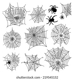 Set of 10 different spiderwebs and spiders on white background