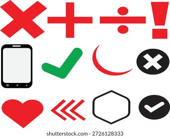 Eine Gruppe von 10 verschiedenen Symbolen, darunter mathematische Operatoren, ein Smartphone, Auswahlfelder und geometrische Formen