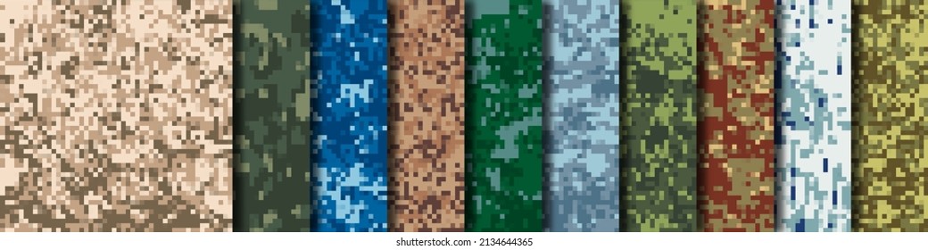 Set of 10 digital camouflage patterns. Abstract modern military textile print background. Vector illustration