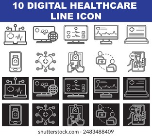 Set of 10 Digital healthcare and telemedicine simple icons as digital services editable stroke outline icons set isolated on white background flat vector illustration. Normal icons and reverse