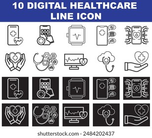 Set of 10 Digital healthcare and telemedicine simple icons as digital services editable stroke outline icons set isolated on white background flat vector illustration. Normal icons and reverse
