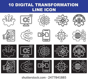 Conjunto de 10 iconos simples de transformación digital como servicios digitales, internet, computación en la nube, tecnología, comunicación, datos, iot, tic, automatización, internet y redes. Iconos normales e inversos