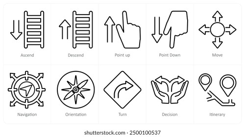 A set of 10 direction icons as ascend, descend, point up