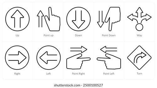 A set of 10 direction icons as up, point up, down