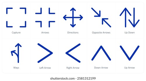 A set of 10 directions icons as capture, arrows, directions