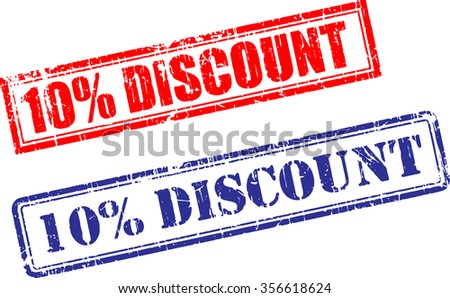 Set of 10% DISCOUNT grunge realistic rubber stamps, different ink colors, different forms, isolated on white background, vector illustration