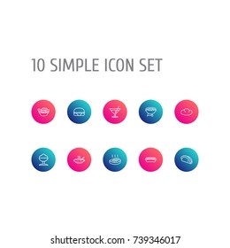 Set Of 10 Dish Outline Icons Set.Collection Of Cocktail, Bbq, Soup And Other Elements.