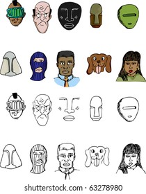 Set of 10 diverse human faces, dog and indigenous masks with various expressions.