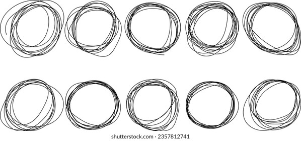 Set of 10 doodles, hand-drawn rings. Hand drawn circle, set of vector drawn rings.