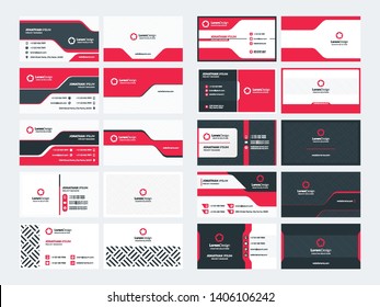 Set of 10 double sided business card templates. Red color theme. Stationery design. Vector illustration