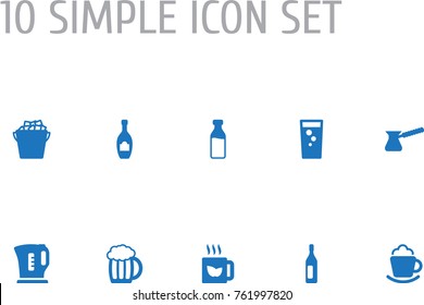 Set Of 10 Drinks Icons Set.Collection Of Turkish Coffee, Milk Glass, Fridge And Other Elements.