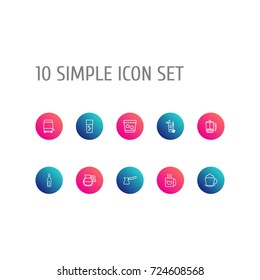 Set Of 10 Drinks Outline Icons Set.Collection Of Fizzy Water, Mojito, Bottle And Other Elements.