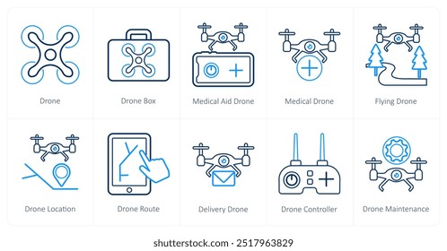 Un conjunto de 10 iconos de drones como drone, caja de drones, drone de ayuda médica