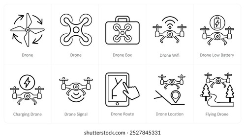 Um conjunto de 10 ícones de drone como drone, caixa de drone, drone wifi