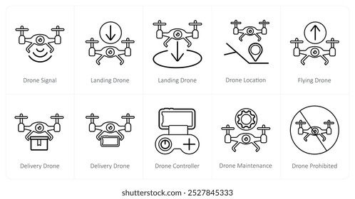 A set of 10 Drone icons as drone signal, landing drone, drone location