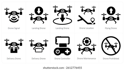 A set of 10 Drone icons as drone signal, landing drone, drone location