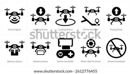 A set of 10 Drone icons as drone signal, landing drone, drone location