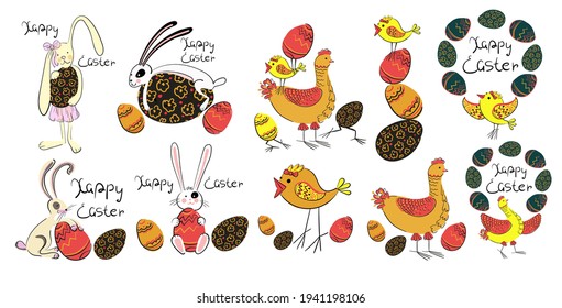 A set of 10 Easter characters with bunnies, hens, chickens and eggs in a simple style, also written - Happy Easter. Stock vector illustration isolated on white background.