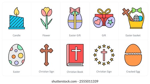 A set of 10 easter icons as candle, flower, easter gift