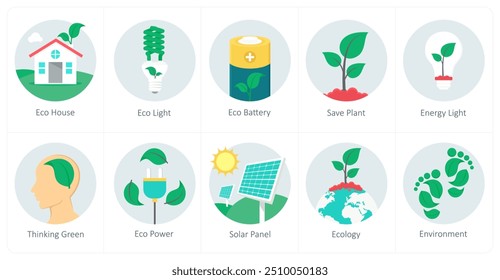 Um conjunto de 10 ícones de ecologia como eco house, eco light, eco battery