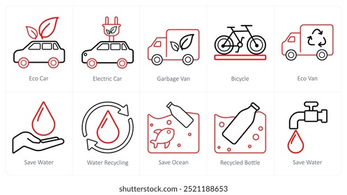 A set of 10 Ecology icons as eco car, electric car, garbage van
