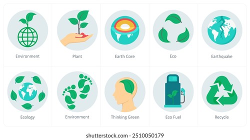 Un conjunto de 10 iconos de la ecología como medio ambiente, planta, núcleo de la tierra