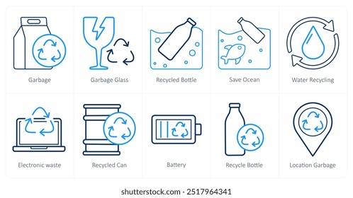 Un conjunto de 10 iconos de ecología como basura, vidrio de basura, botella reciclada