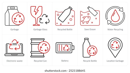 Un conjunto de 10 iconos de ecología como basura, vidrio de basura, botella reciclada