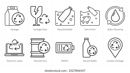 A set of 10 Ecology icons as garbage, garbage glass, recycled bottle