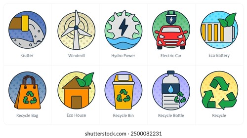 A set of 10 ecology icons as gutter, windmill, hydro power