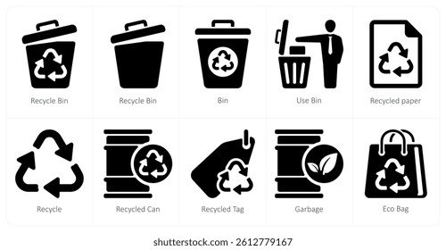 A set of 10 Ecology icons as recycle bin, bin, use bin