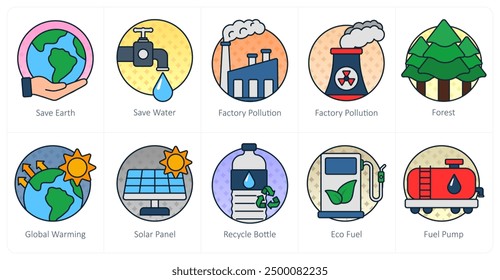 A set of 10 ecology icons as save earth, save water, factory pollution