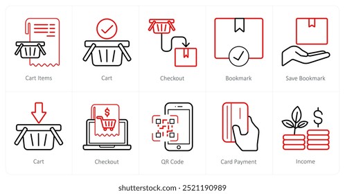 A set of 10 ecommerce icons as cart items, cart, checkout