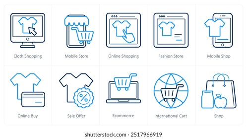 A set of 10 ecommerce icons as cloth shopping, mobile store, online shopping