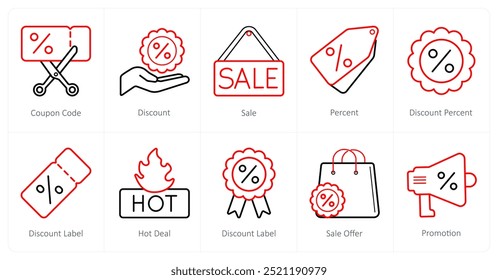 A set of 10 ecommerce icons as coupon code, discount, sale, percent