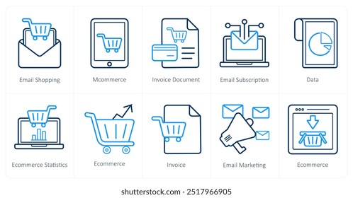 Um conjunto de 10 ícones de comércio eletrônico como email shopping, mcommerce, documento de fatura