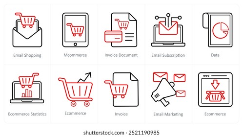 A set of 10 ecommerce icons as email shopping, mcommerce, invoice document