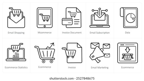 A set of 10 ecommerce icons as email shopping, mcommerce, invoice document
