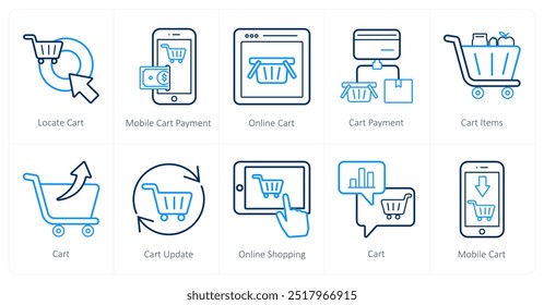 A set of 10 ecommerce icons as locate cart, mobile cart payment, online cart